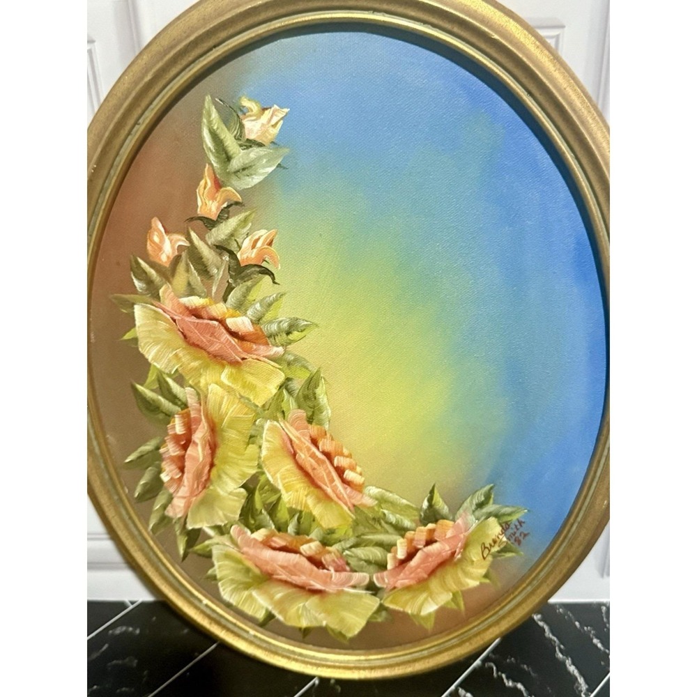 Vintage Original Oval Framed Oil Painting Signed By Artist Julia Floral Roses - Picture 2 of 8